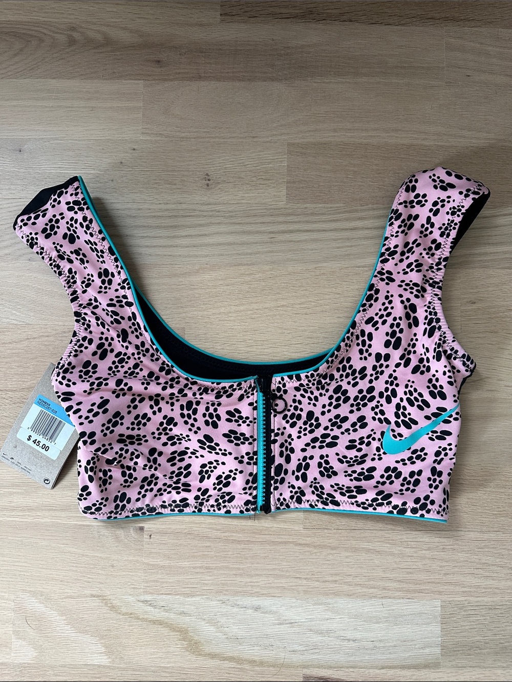 NWT Nike Pink Dot-Print Front-Zip Swim Top with Teal Trim